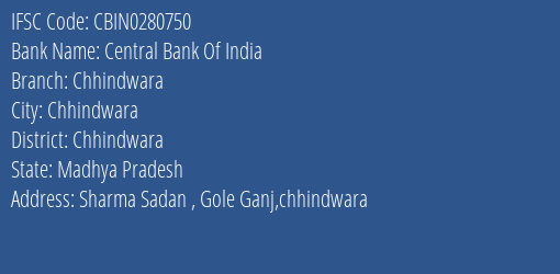 Central Bank Of India Chhindwara Branch, Branch Code 280750 & IFSC Code CBIN0280750