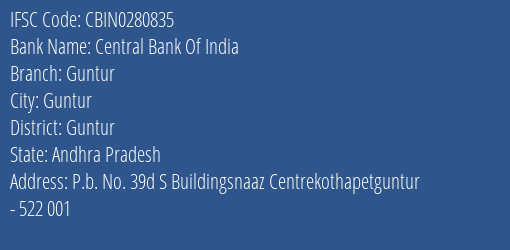 Central Bank Of India Guntur Branch, Branch Code 280835 & IFSC Code CBIN0280835