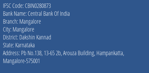 Central Bank Of India Mangalore Branch, Branch Code 280873 & IFSC Code CBIN0280873