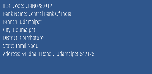 Central Bank Of India Udamalpet Branch Coimbatore IFSC Code CBIN0280912