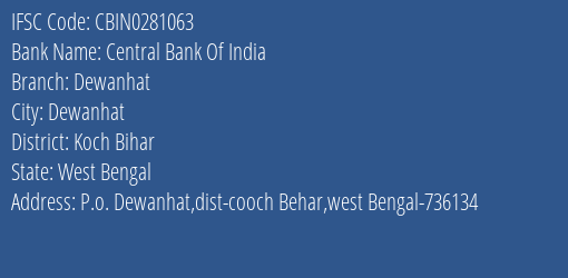 Central Bank Of India Dewanhat Branch, Branch Code 281063 & IFSC Code CBIN0281063
