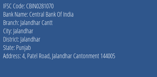 Central Bank Of India Jalandhar Cantt Branch Jalandhar IFSC Code CBIN0281070