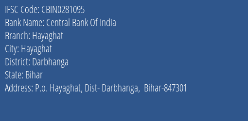 Central Bank Of India Hayaghat Branch, Branch Code 281095 & IFSC Code CBIN0281095