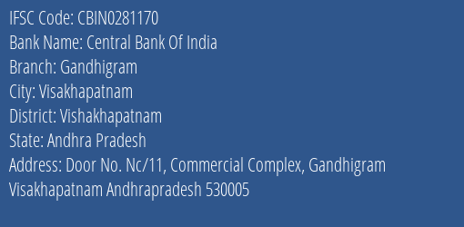 Central Bank Of India Gandhigram Branch, Branch Code 281170 & IFSC Code CBIN0281170