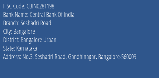 Central Bank Of India Seshadri Road Branch, Branch Code 281198 & IFSC Code CBIN0281198