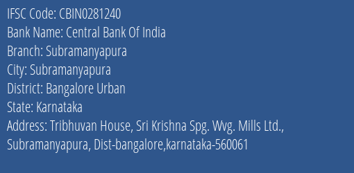 Central Bank Of India Subramanyapura Branch, Branch Code 281240 & IFSC Code CBIN0281240