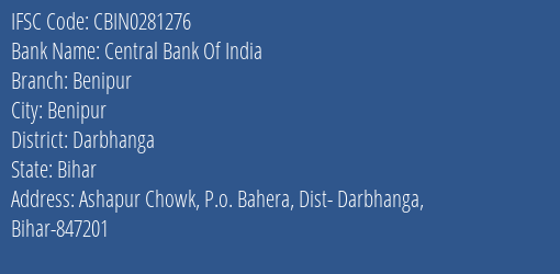 Central Bank Of India Benipur Branch IFSC Code