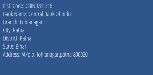 Central Bank Of India Lohianagar Branch, Branch Code 281316 & IFSC Code CBIN0281316