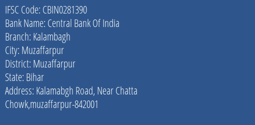 Central Bank Of India Kalambagh Branch, Branch Code 281390 & IFSC Code CBIN0281390