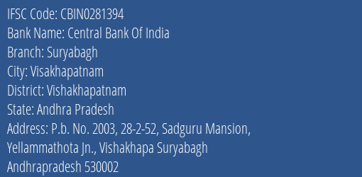 Central Bank Of India Suryabagh Branch Vishakhapatnam IFSC Code CBIN0281394