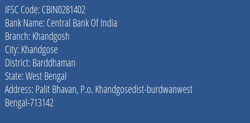 Central Bank Of India Khandgosh Branch, Branch Code 281402 & IFSC Code CBIN0281402