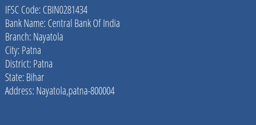 Central Bank Of India Nayatola Branch, Branch Code 281434 & IFSC Code CBIN0281434