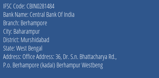 Central Bank Of India Berhampore Branch, Branch Code 281484 & IFSC Code CBIN0281484