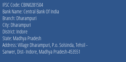 Central Bank Of India Dharampuri Branch Indore IFSC Code CBIN0281504