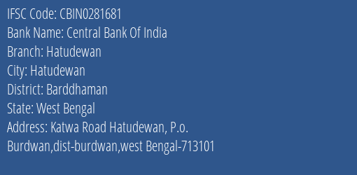 Central Bank Of India Hatudewan Branch IFSC Code