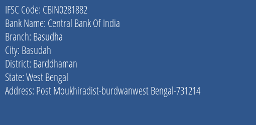 Central Bank Of India Basudha Branch, Branch Code 281882 & IFSC Code CBIN0281882
