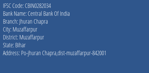 Central Bank Of India Jhuran Chapra Branch, Branch Code 282034 & IFSC Code CBIN0282034