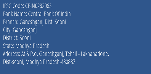 Central Bank Of India Ganeshganj Dist. Seoni Branch Seoni IFSC Code CBIN0282063