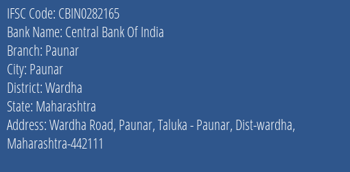 Central Bank Of India Paunar Branch Wardha IFSC Code CBIN0282165