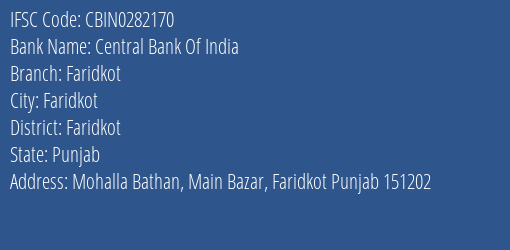 Central Bank Of India Faridkot Branch, Branch Code 282170 & IFSC Code CBIN0282170