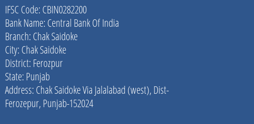 Central Bank Of India Chak Saidoke Branch Ferozpur IFSC Code CBIN0282200