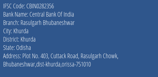 Central Bank Of India Rasulgarh Bhubaneshwar Branch IFSC Code