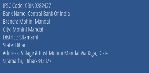 Central Bank Of India Mohini Mandal Branch, Branch Code 282427 & IFSC Code CBIN0282427