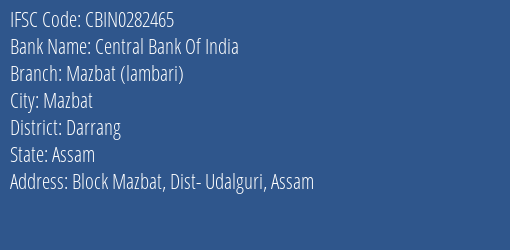 Central Bank Of India Mazbat Lambari Branch, Branch Code 282465 & IFSC Code CBIN0282465
