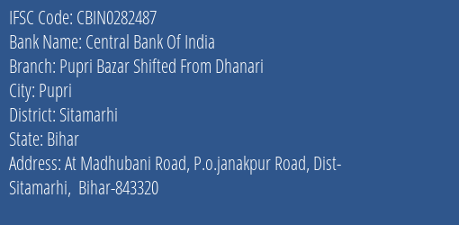 Central Bank Of India Pupri Bazar Shifted From Dhanari Branch, Branch Code 282487 & IFSC Code CBIN0282487