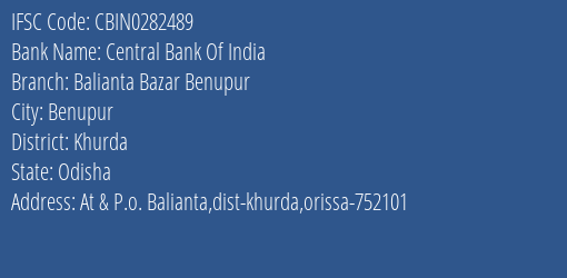 Central Bank Of India Balianta Bazar Benupur Branch, Branch Code 282489 & IFSC Code CBIN0282489