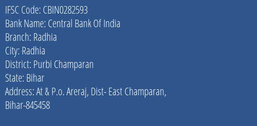 Central Bank Of India Radhia Branch, Branch Code 282593 & IFSC Code CBIN0282593
