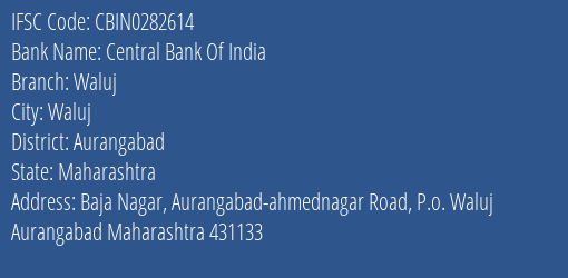 Central Bank Of India Waluj Branch, Branch Code 282614 & IFSC Code CBIN0282614