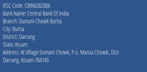 Central Bank Of India Dumani Chowk Burha Branch, Branch Code 282806 & IFSC Code CBIN0282806