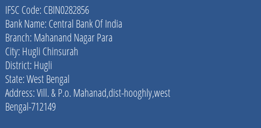 Central Bank Of India Mahanand Nagar Para Branch IFSC Code