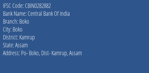 Central Bank Of India Boko Branch, Branch Code 282882 & IFSC Code CBIN0282882
