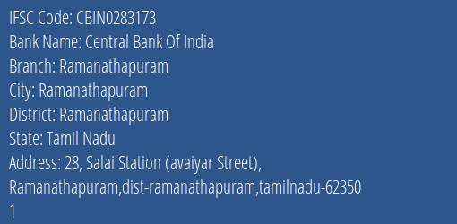 Central Bank Of India Ramanathapuram Branch Ramanathapuram IFSC Code CBIN0283173
