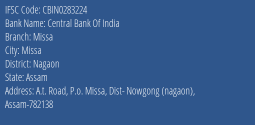 Central Bank Of India Missa Branch Nagaon IFSC Code CBIN0283224