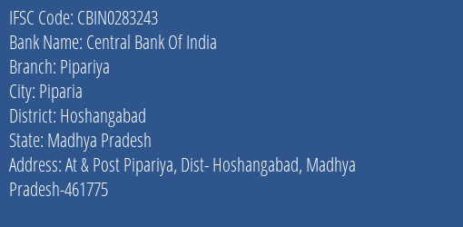 Central Bank Of India Pipariya Branch Hoshangabad IFSC Code CBIN0283243