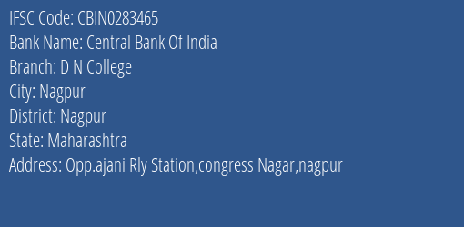 Central Bank Of India D N College Branch Nagpur IFSC Code CBIN0283465
