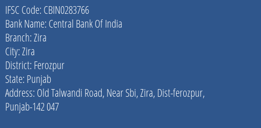 Central Bank Of India Zira Branch Ferozpur IFSC Code CBIN0283766