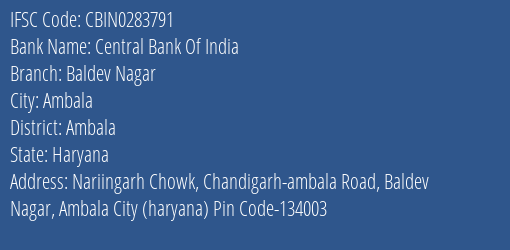 Central Bank Of India Baldev Nagar Branch Ambala IFSC Code CBIN0283791
