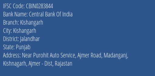 Central Bank Of India Kishangarh Branch Jalandhar IFSC Code CBIN0283844