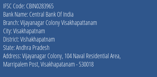 Central Bank Of India Vijayanagar Colony Visakhapattanam Branch IFSC Code