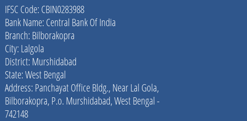 Central Bank Of India Bilborakopra Branch, Branch Code 283988 & IFSC Code CBIN0283988