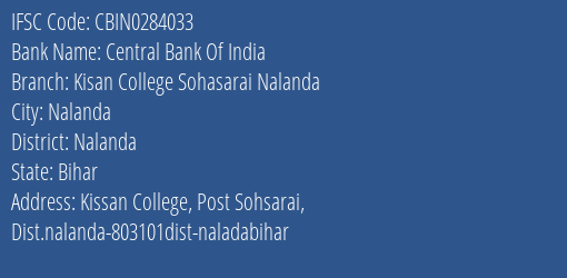 Central Bank Of India Kisan College Sohasarai Nalanda Branch Nalanda IFSC Code CBIN0284033