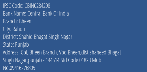Central Bank Of India Bheen Branch Shahid Bhagat Singh Nagar IFSC Code CBIN0284298