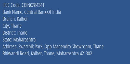 Central Bank Of India Kalher Branch Thane IFSC Code CBIN0284341