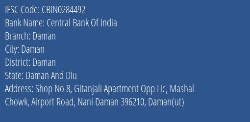 Central Bank Of India Daman Branch Daman IFSC Code CBIN0284492