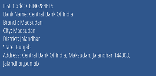 Central Bank Of India Maqsudan Branch Jalandhar IFSC Code CBIN0284615