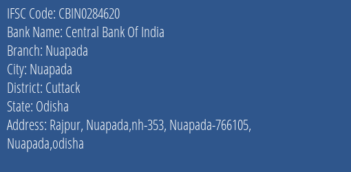 Central Bank Of India Nuapada Branch Cuttack IFSC Code CBIN0284620